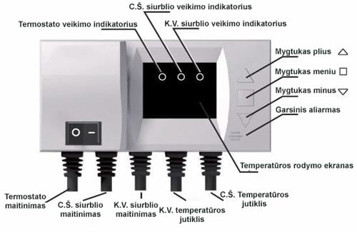 Termostatas karšto vandens ir šildymo sistemos siurblių valdymui schema