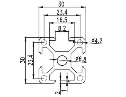 Aliuminio profilis 30x30 T-slot išmatavimai brėžinys