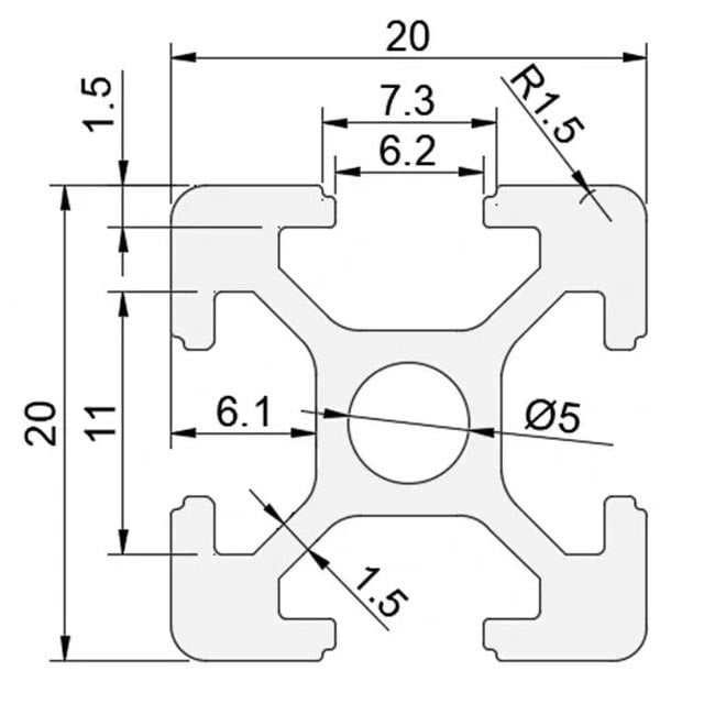 Aliuminio profilis 20x20 T-slot išmatavimai